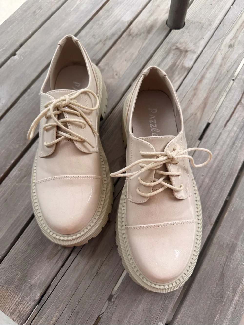Patent Lace-Up Oxfords in Beige - Women's Chunky Flats